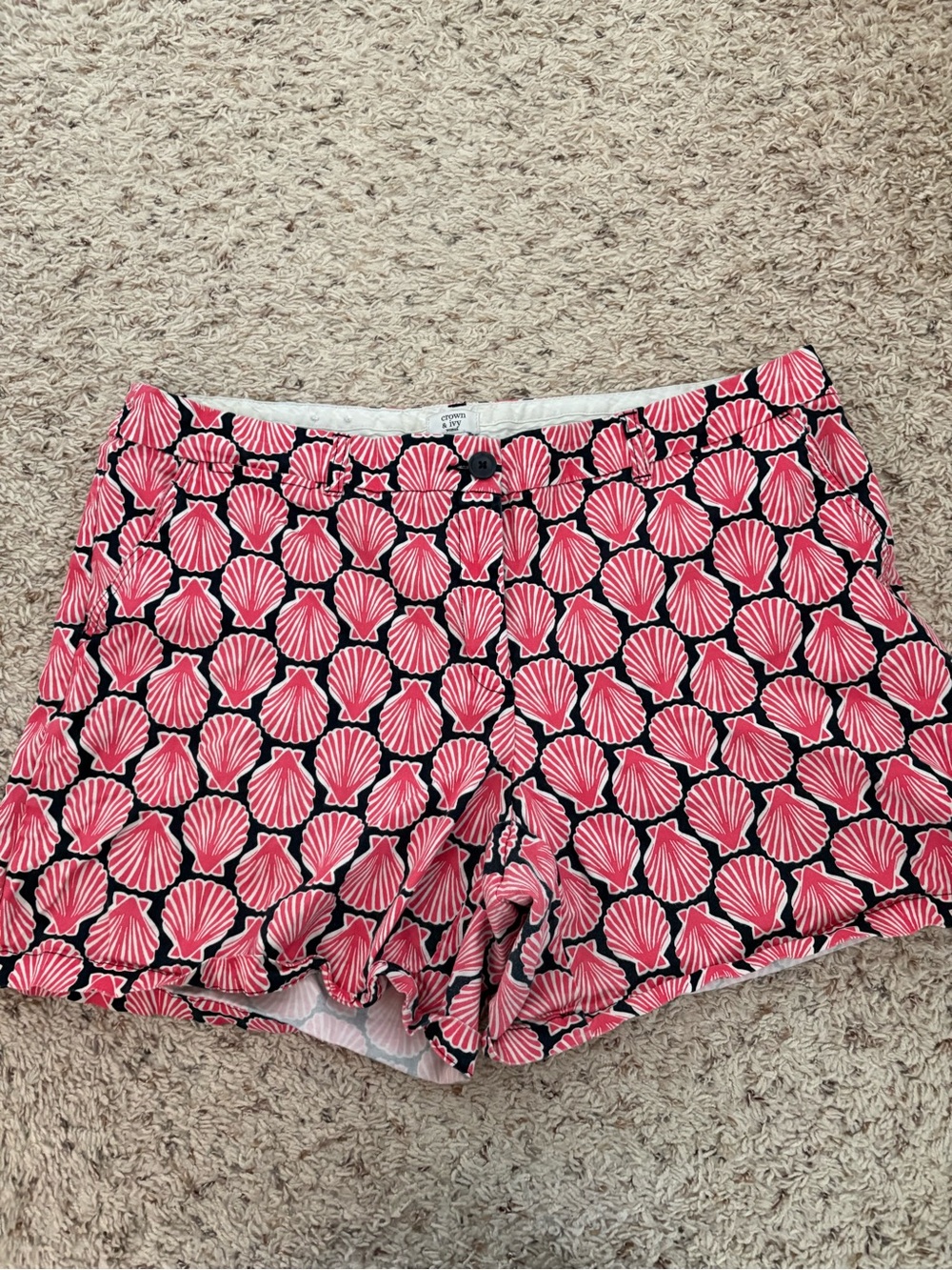 Crown & Ivy pink shell print chino shorts with black background, plus size 20W